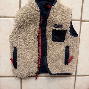 Patagonia Cream Fleece Vest with Navy Trim